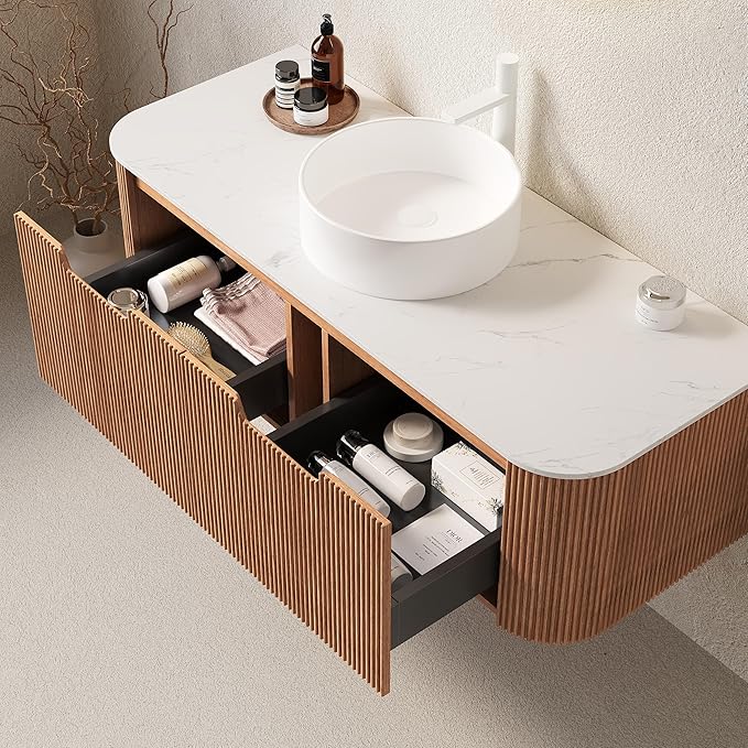 KEIKI 48" Bathroom Vanity with Sink, Wall-Mounted Floating Vanity with Curved Edges & 3D Striped Drawer Fronts, White Round Ceramic Basin, Pre-Assembled Storage Cabinet, Natural Wood