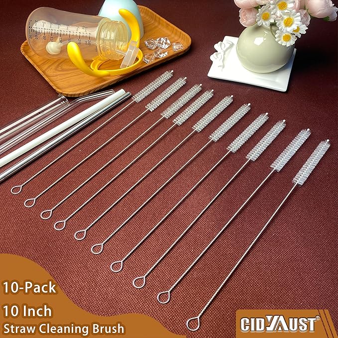 Straw Cleaner Brush Extend 10-Inch, Straw Brush with Premium PA6 Nylon Bristles for Reusable Straws,Baby Bottles, Sippy Cups & Sport Water Bottles,10-Pack.