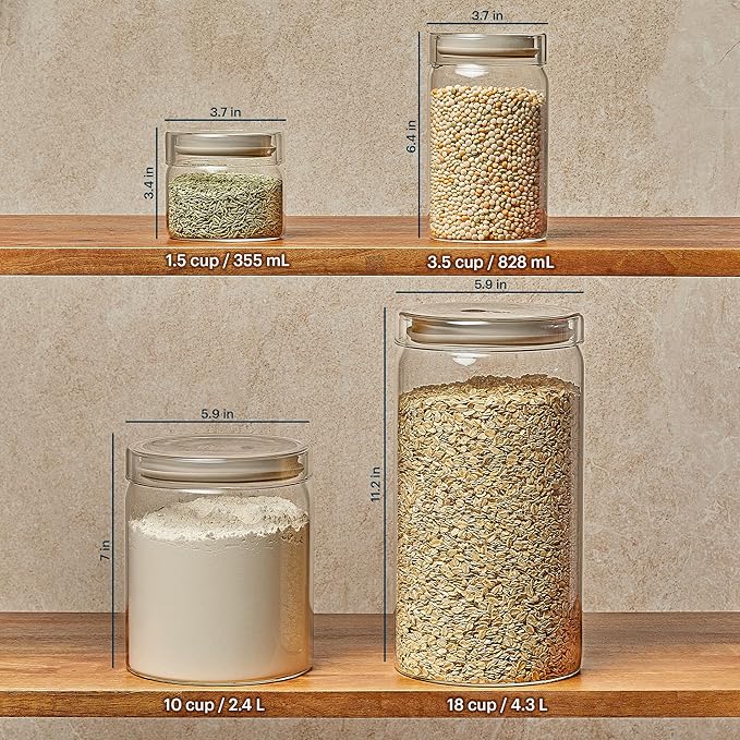 Pyrex 4-Pack Glass Canister Set - Dry Food Storage Containers with Lids for Kitchen and Pantry Organization