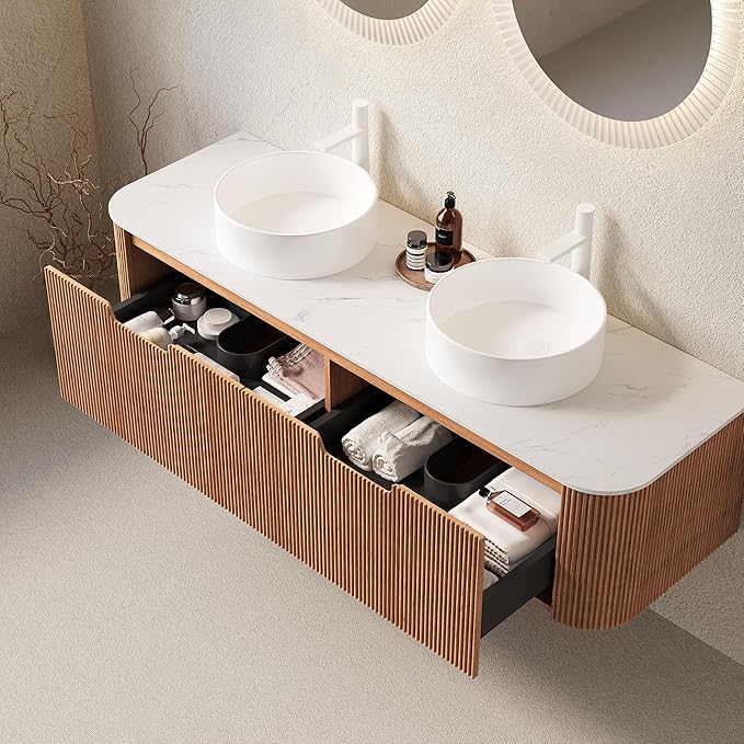 KEIKI 60" Wall-Mounted Floating Vanity, Modern Bathroom Vanity with Sinks and 3D Striped Drawer Fronts, 2 White Ceramic Vessel Basins, Pre-Assembled Storage Cabinet for Bathroom, Natural Wood