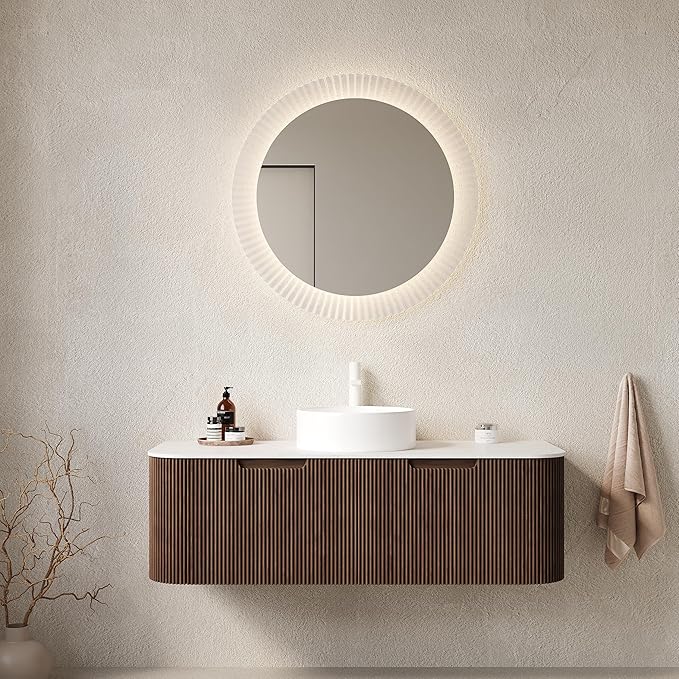 KEIKI 48" Floating Bathroom Vanity with Sink, Modern Wall Vanity Cabinet with Curved Edge Design, 2 Soft-Close Drawers & White Ceramic Vessel Basin, Pre-Assembled Bathroom Vanity, Walnut
