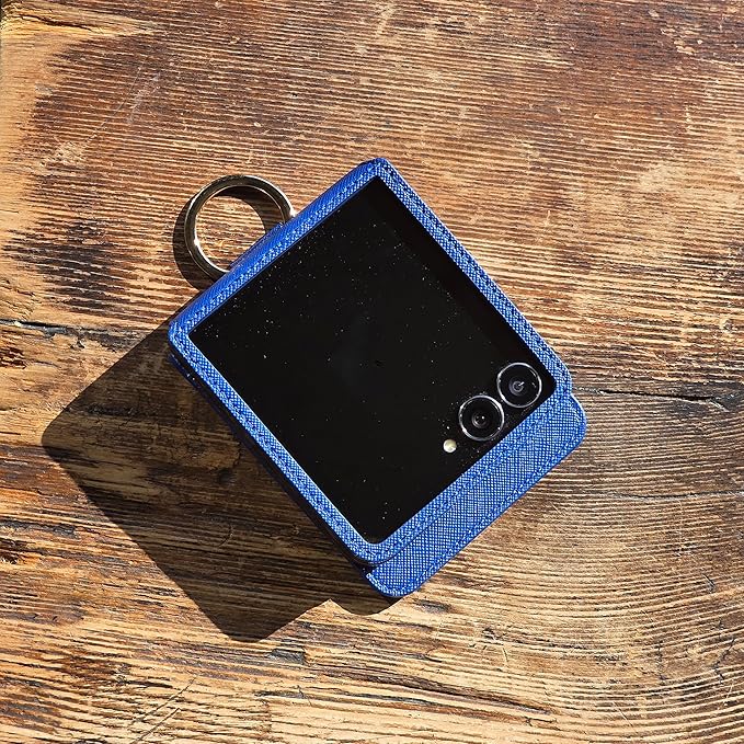 [BeYourSanta] Galaxy Z Flip 7 Case with Ring - Avant-Garde Handmade Saffiano Vegan Leather Case, Anti-Scratch Hinge Protection, Made in Korea (3 Pockets, Blue)