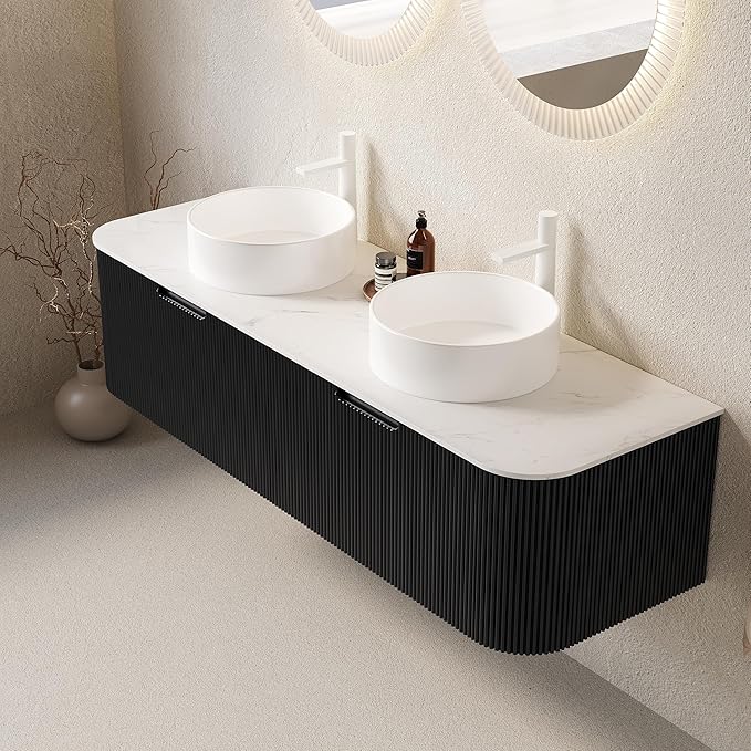 KEIKI 60" Bathroom Vanity with Sink, Wall-Mounted Floating Bathroom Vanity with Curved Edge Striped Front, 2 Drawers & 2 Round Ceramic Basins, Pre-Assembled Storage Cabinet, Black