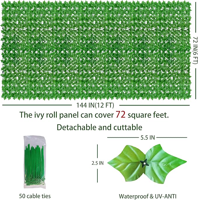 Artificial Ivy Privacy Fence Wall Screen: 6FT X12FT UV-Anti Faux Greenery Backdrop Ivy Vine Leaf Hedges Fence Panels for Patio, Balcony, Garden, Backyard Indoor Outdoor Light Green Decor