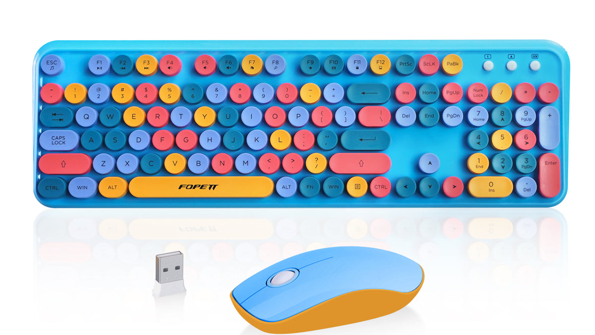 FOPETT 2.4GHz Wireless Keyboard and Mouse Set with Switch Button - Full-Size Keyboard - Compatible for Windows/Laptop/PC/Notebook/Smart TV and More - Blue Colorful