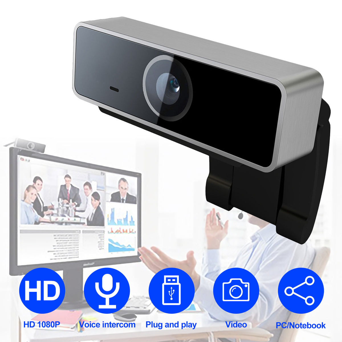 1Pc FHD 1080P Webcam USB PC Computer Webcam Auto Focus With Microphone 60-Degree Widescreen Desktop Laptop Webcam Live Streaming Webcam With Rotatable Clip For Live Broadcast Video
