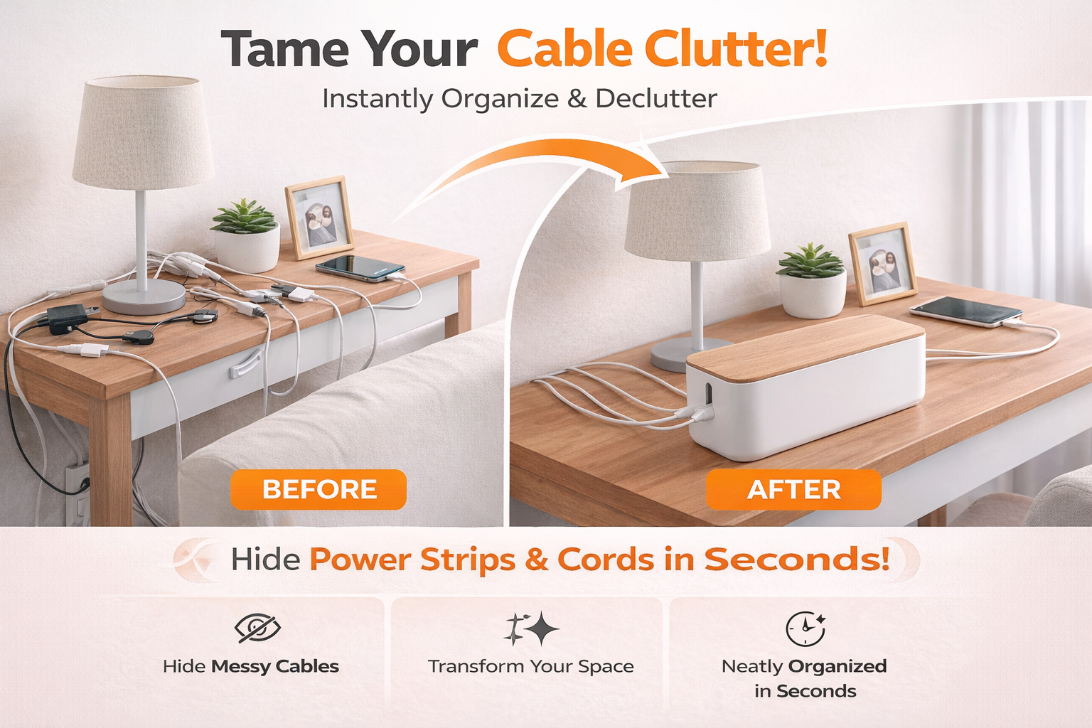 cable management box transforming messy desk into clean organized setup with hidden wires