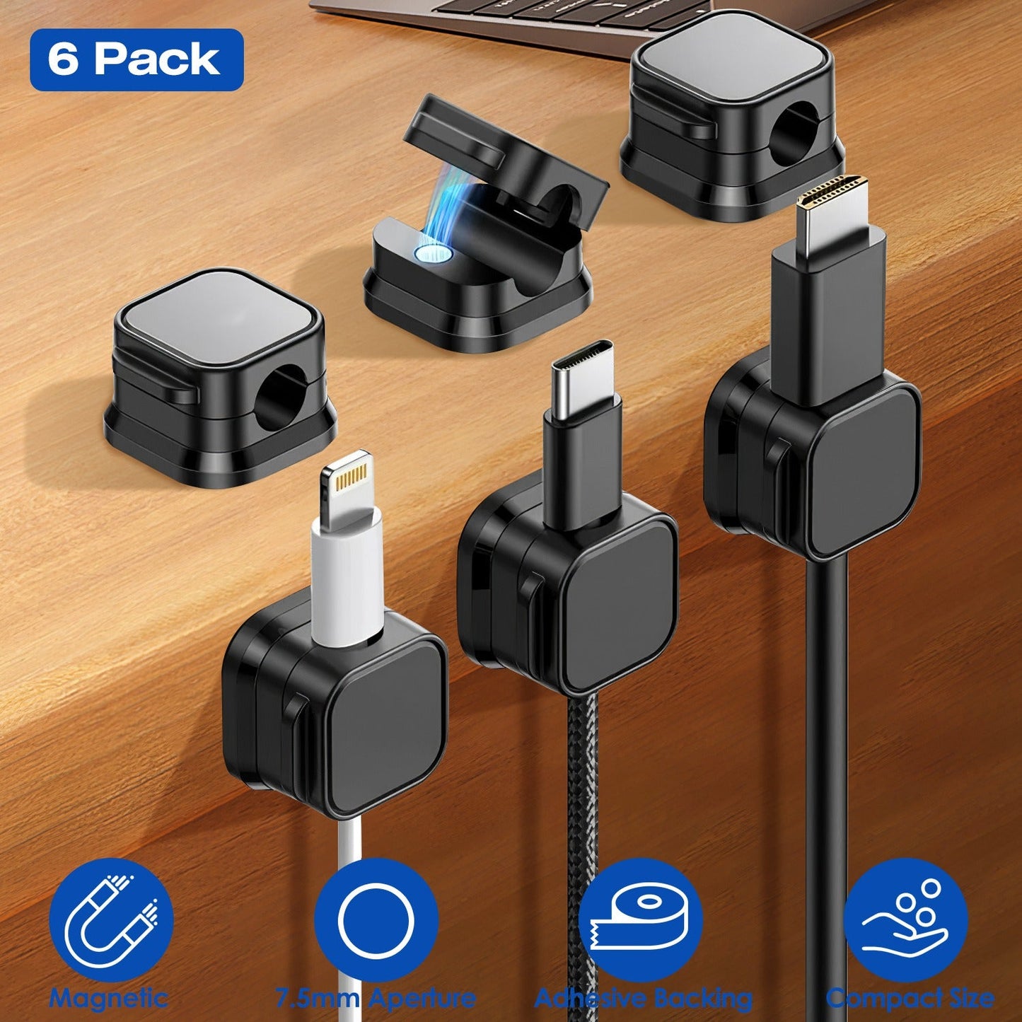 Magnetic Cable Clips 6-Pack – Adhesive Cord Organizer for Desk, Office & Car