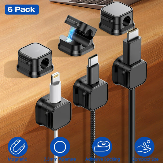 Magnetic Cable Clips 6-Pack – Adhesive Cord Organizer for Desk, Office & Car