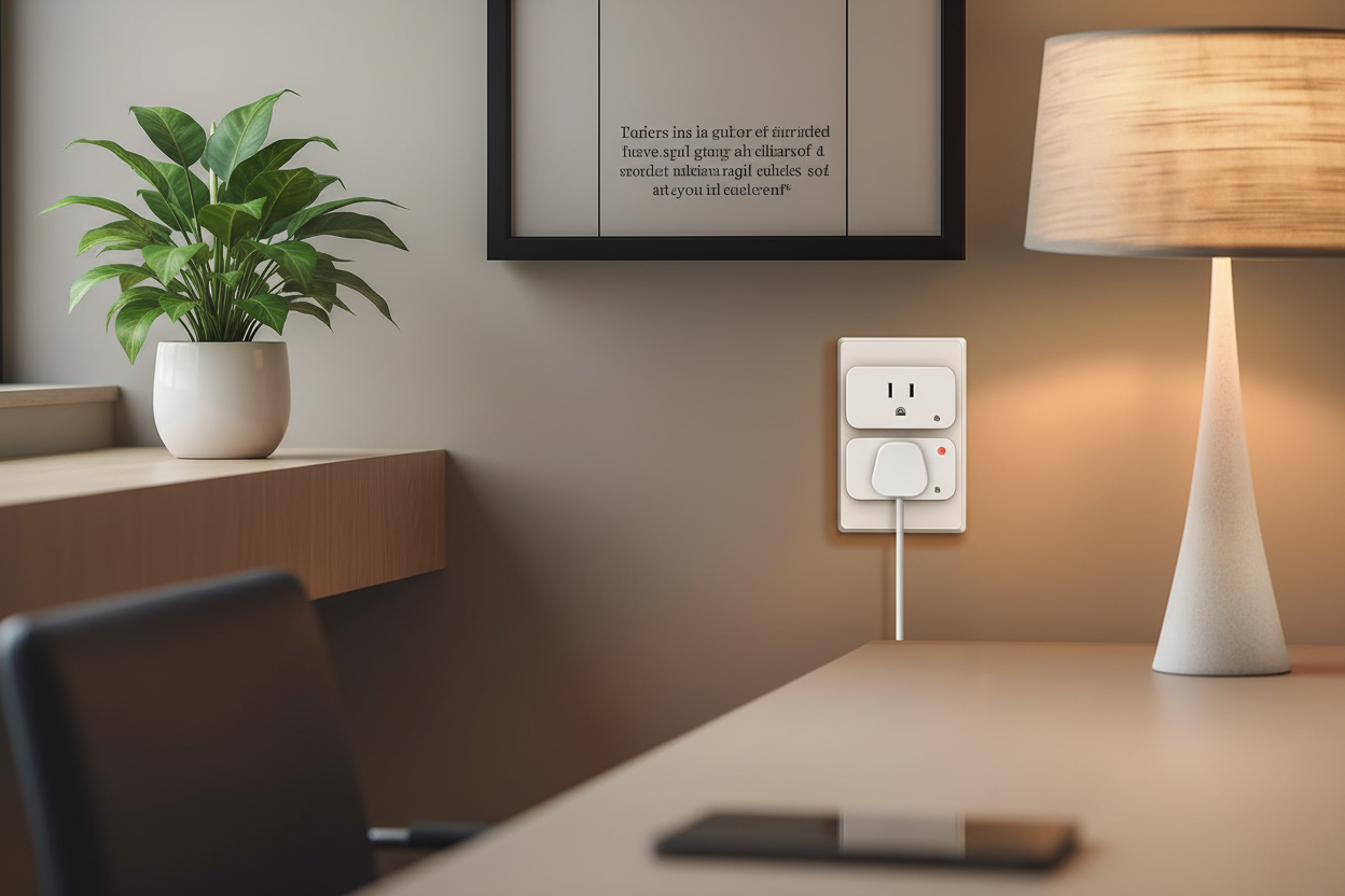 Linkind Smart Plug plugged into wall outlet in minimal modern home office