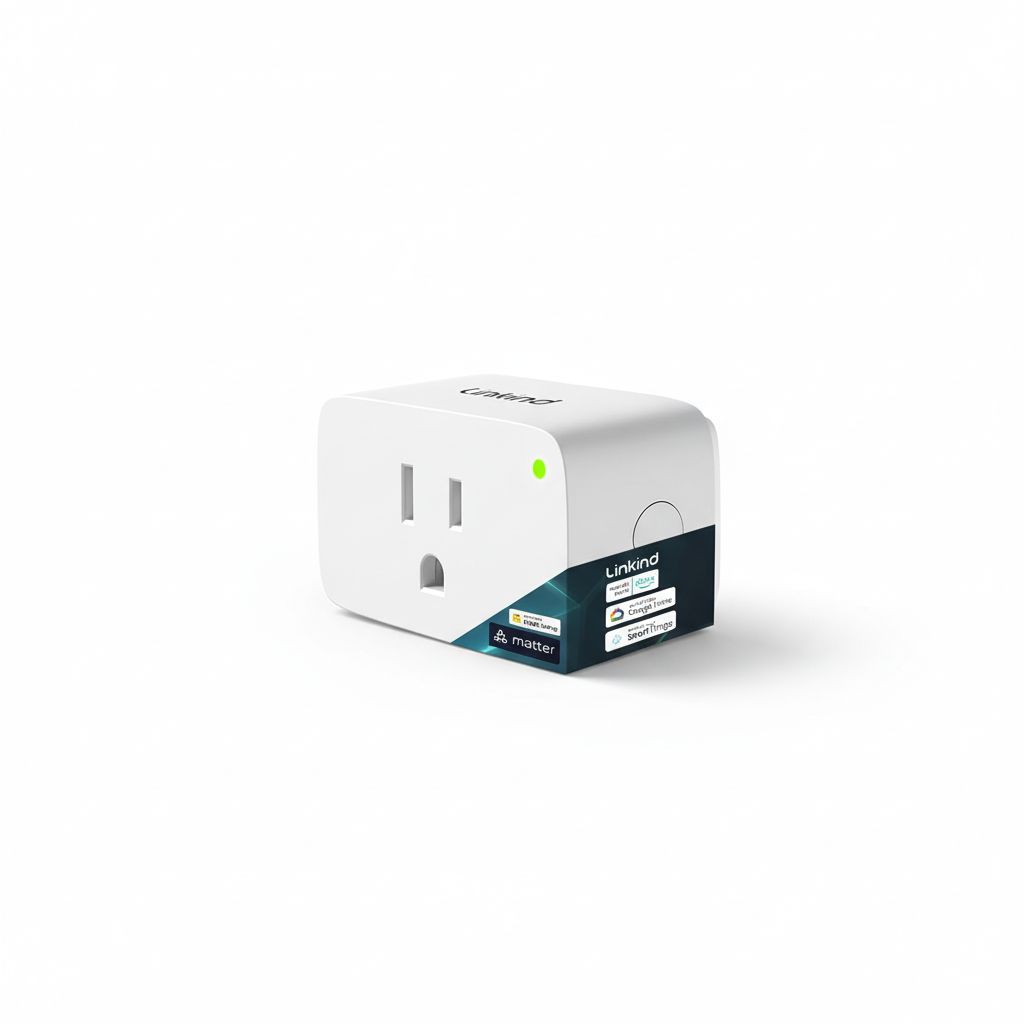Linkind Matter Smart Plug studio hero shot - white background premium product photography