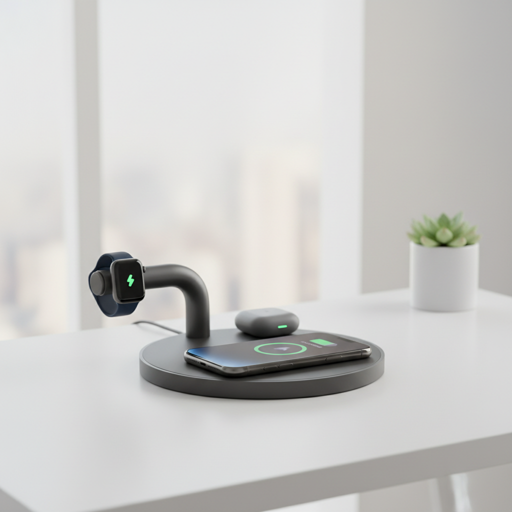 3-in-1 wireless charging station with iPhone Apple Watch and AirPods on minimalist white desk