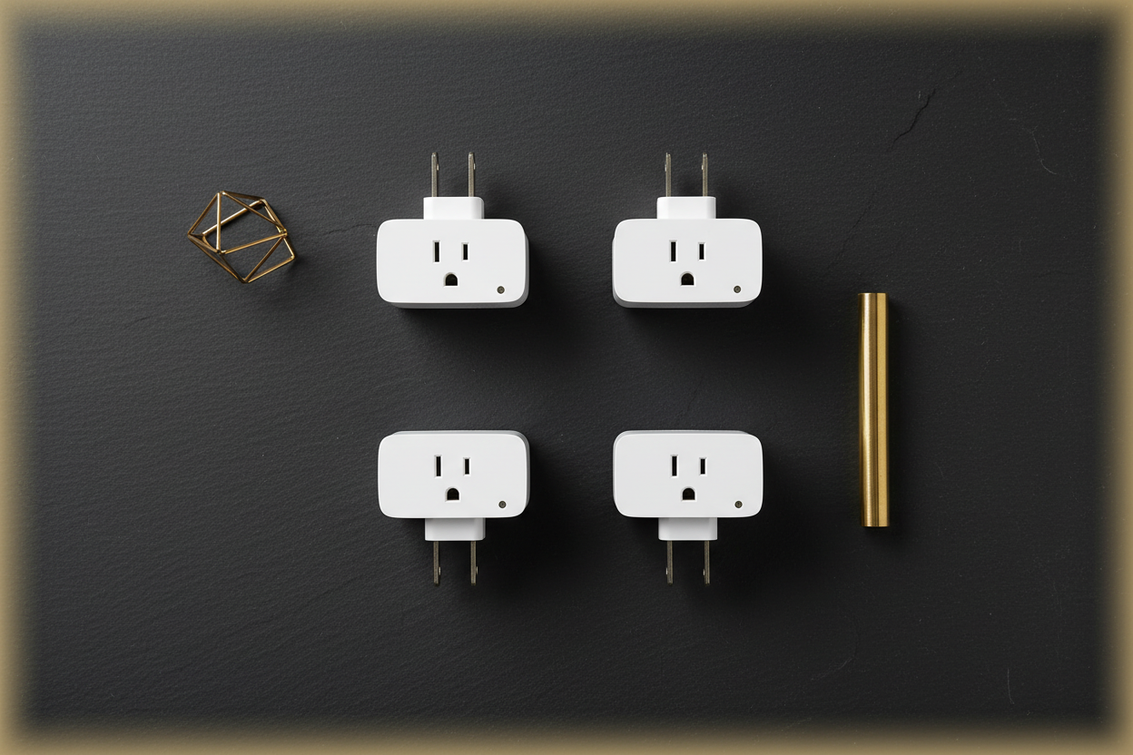 Linkind Matter Smart Plug 4-pack flat lay on dark slate - premium editorial photography