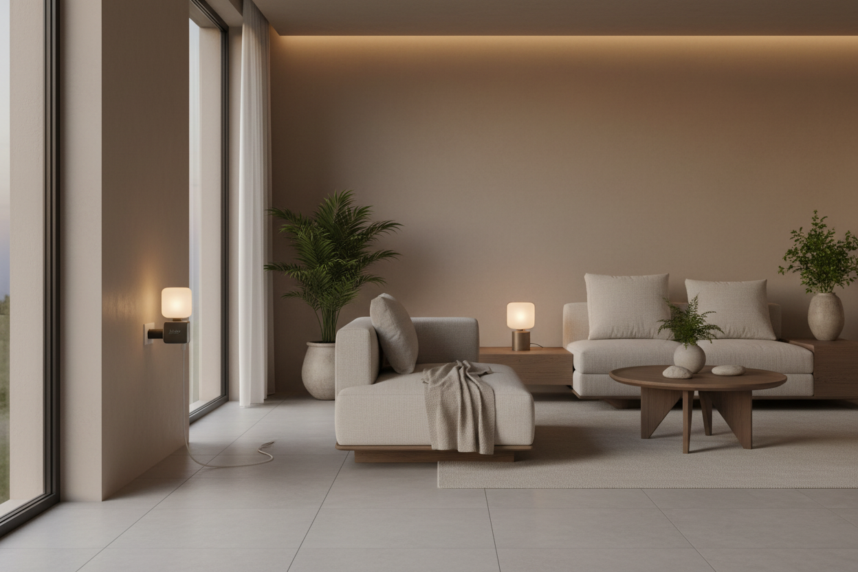 Linkind Smart Plug hero banner - smart home ambient living room dusk lighting